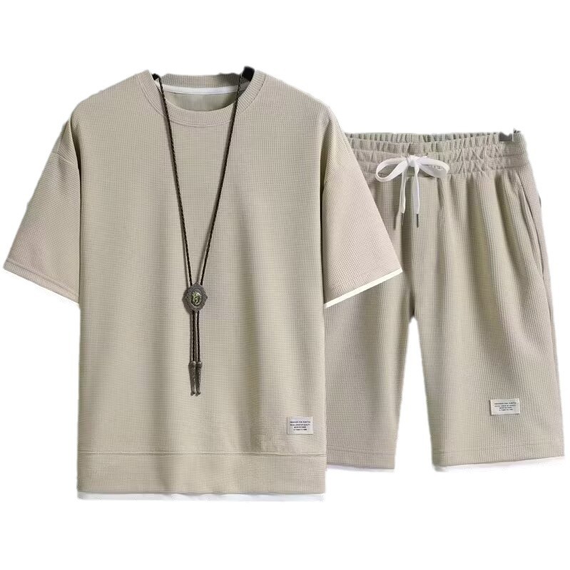 Camisas y menos ropa Traje de manga corta personalizado Waffle transfronterizo suelto de gran tamaño Trendy de moda de cinco puntos Traje de dos piezas de deportes de ocio