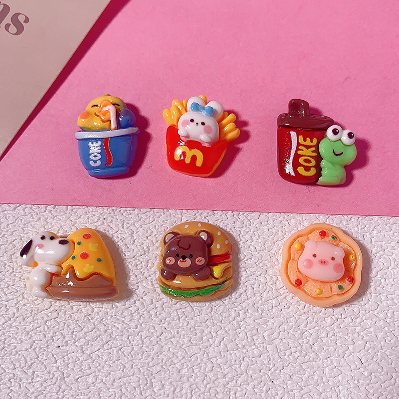 Nuevo oso de dibujos animados hamburguesas de alimentos para animales juegan accesorios de resina diy clip para el cabello de teléfono celular agujero de botón accesorios hechos a mano