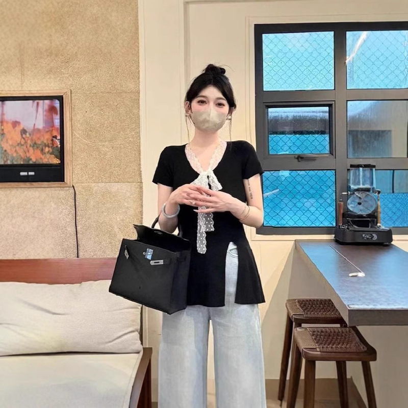 Dajing Recommends Lace Qimeng French V Neck Strappy Lace Splicing Knitwear Slit Design Top