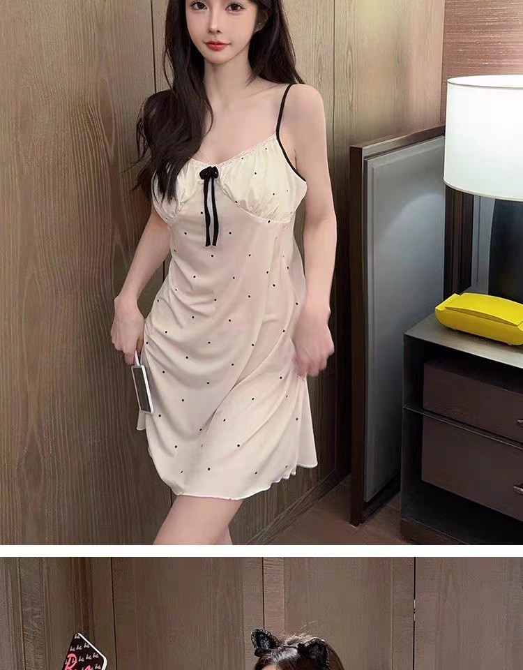 Cherry Print Floral Suspender Nightgown with Chest Pads, Thin Summer Sleep Dress — detail image 17