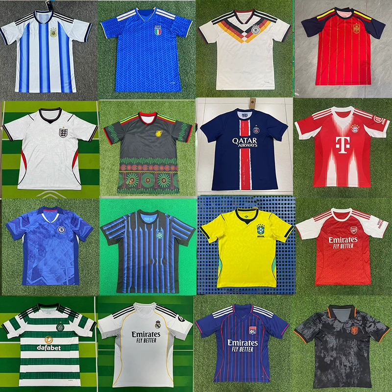 Футбольные майки: Реал Мадрид, Челси, Арсенал, Париж, Аргентина, Германия, Бразилия, Бавария, Италия.