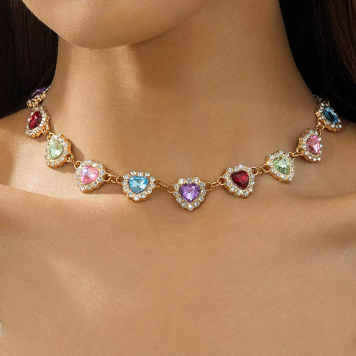 欧美跨境彩色镶钻桃心叠戴合金宝石项链轻奢高级感甜酷爱心锁骨链