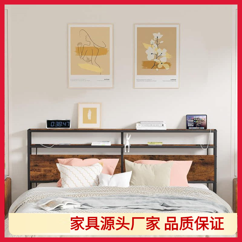 Bedside Shelf with Wooden Board + Iron Frame, Bedroom Bedside Storage Rack, King Headboard with Open Space, Multifunctional for Home Use