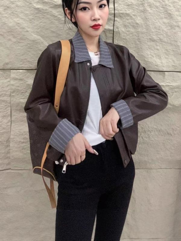 欧货拼接衬衫假两件皮衣外套女秋新款小个子短款韩版复古宽松上衣|undefined