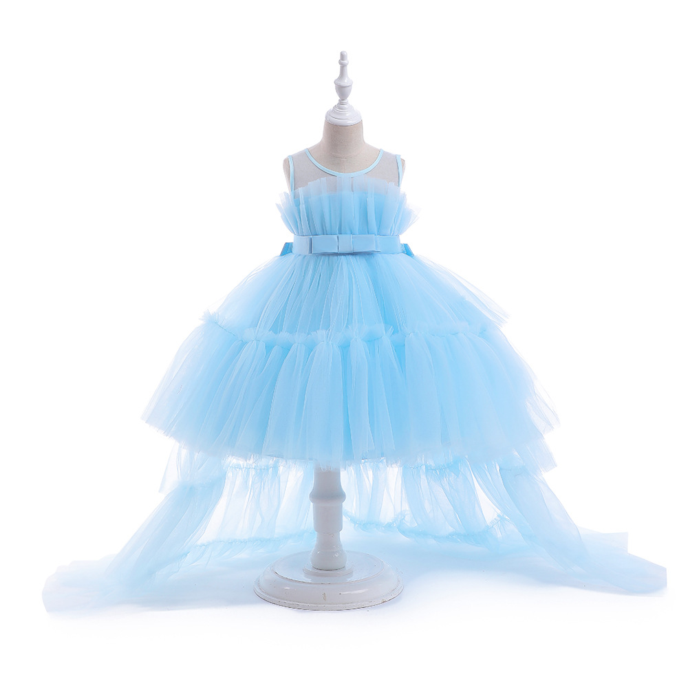 Europeo y americano Amazon nuevo estilo flor niña vestido de malla Super larga cola mullida princesa vestido de Año Nuevo vestido de niña