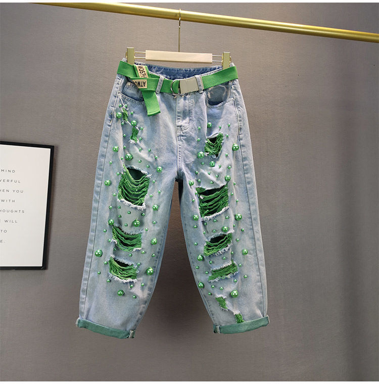 European Style Women's High Waist Distressed Jeans Loose Baggy Pants With Heavy Pearl Embellishment_ecoleips.com