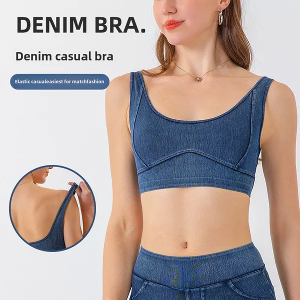 European and American Cross-Border New Denim Yoga Sports Bra Women's Tight Elastic High-Strength Shock-Proof Push-Up Fitness Bra