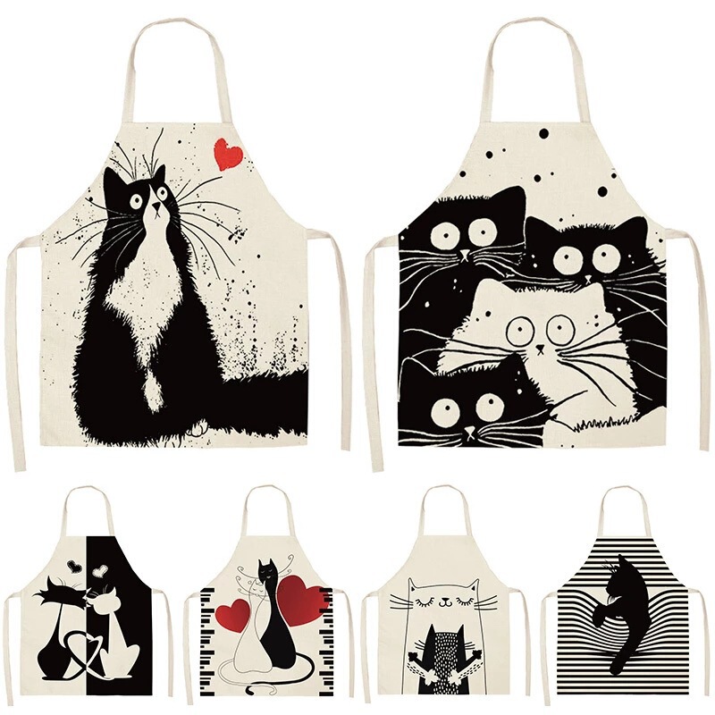 Cross-border apron hot linen cartoon black meow pattern parent-child kitchen anti-fouling personality waistcoat Cross-border apron hot linen cartoon black meow pattern parent-child kitchen anti-fouling personality waistcoat