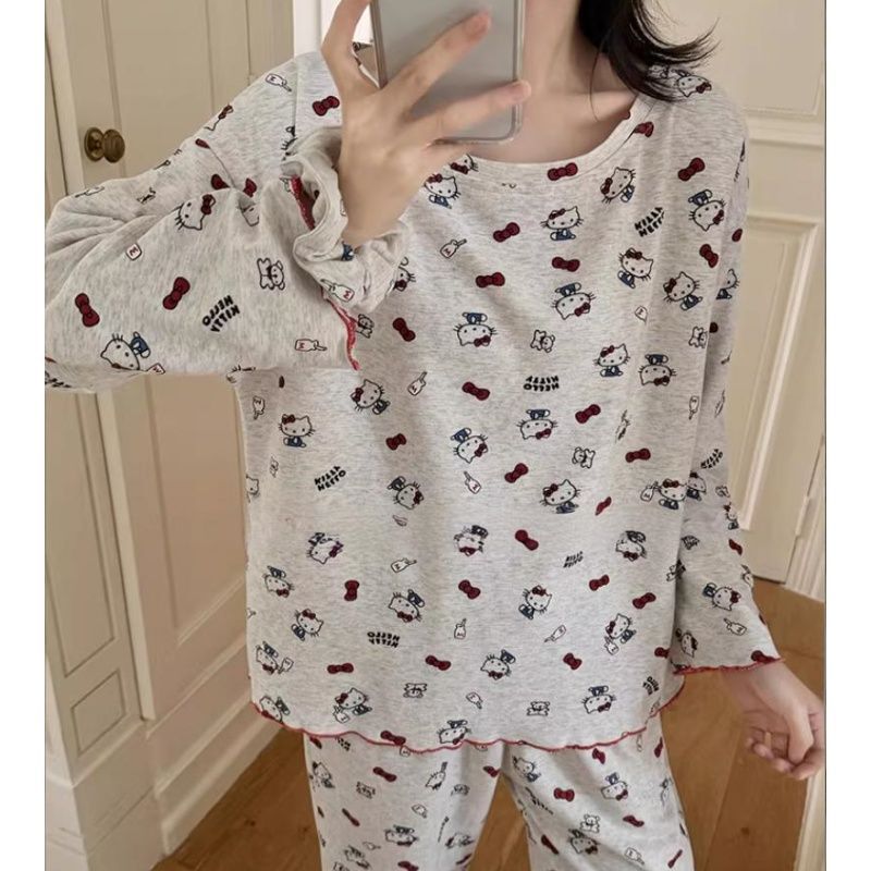 Cartoon Kt Cat Cashmere Pajamas for Women, Round Neck, New Spring, Autumn, and Winter Style, Hello Kitty, Can Be Worn Outside, Internet Celebrity Loungewear Set Cartoon Kt Cat Cashmere Pajamas for Women, Round Neck, New Spring, Autumn, and Winter Style, Hello Kitty, Can Be Worn Outside, Internet Celebrity Loungewear Set