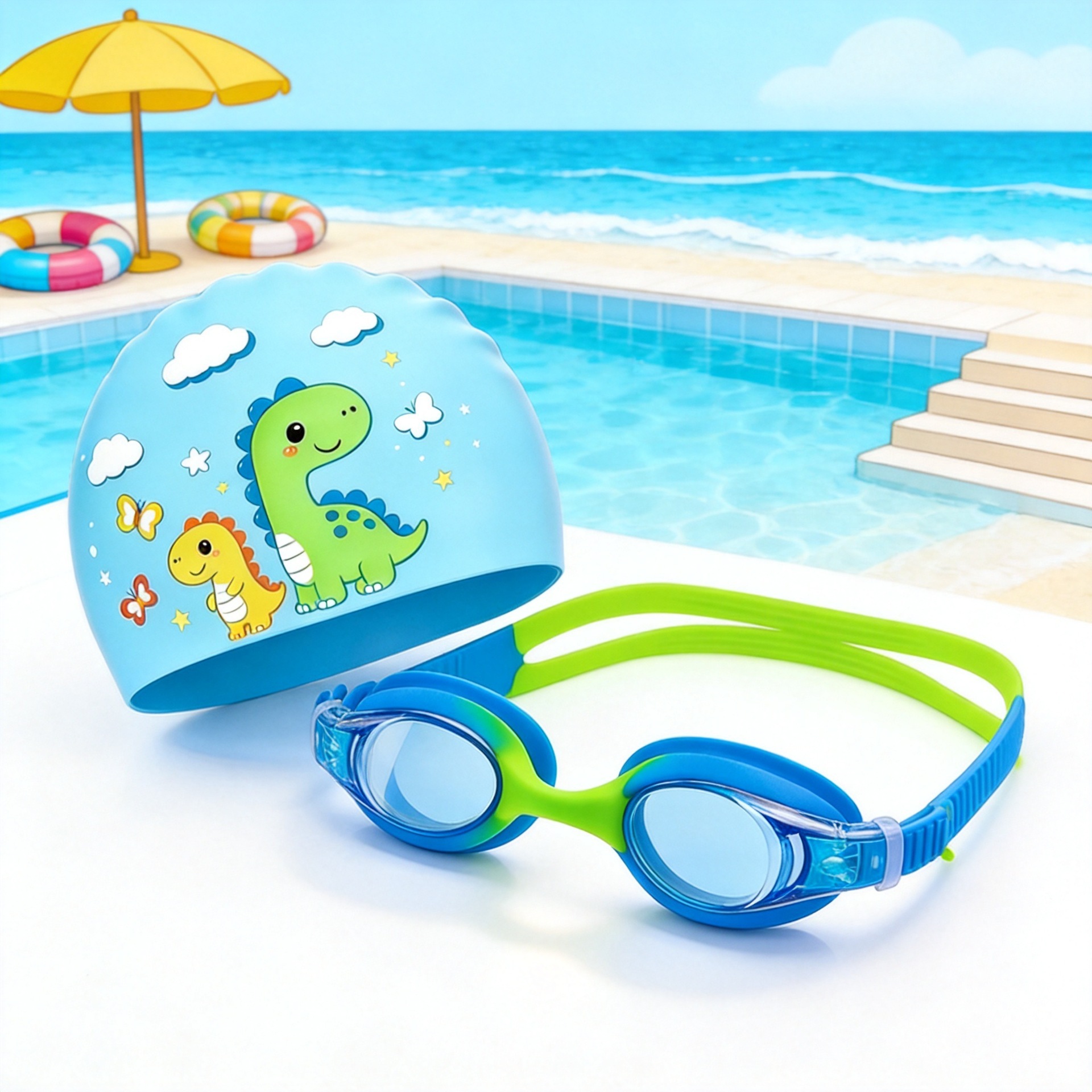 50g gorra de baño de dinosaurio + gafas de baño azul / verde transparentes