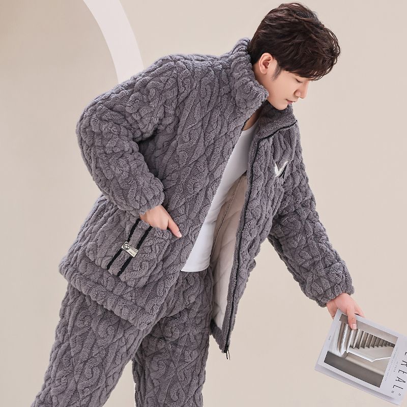 Men's Pajamas Three-Layer Quilted Fleece-Lined Thickeneded Loose Large Size Autumn and Winter Cotton Jacket Can Be Worn Outside Warm Home Clothes Set