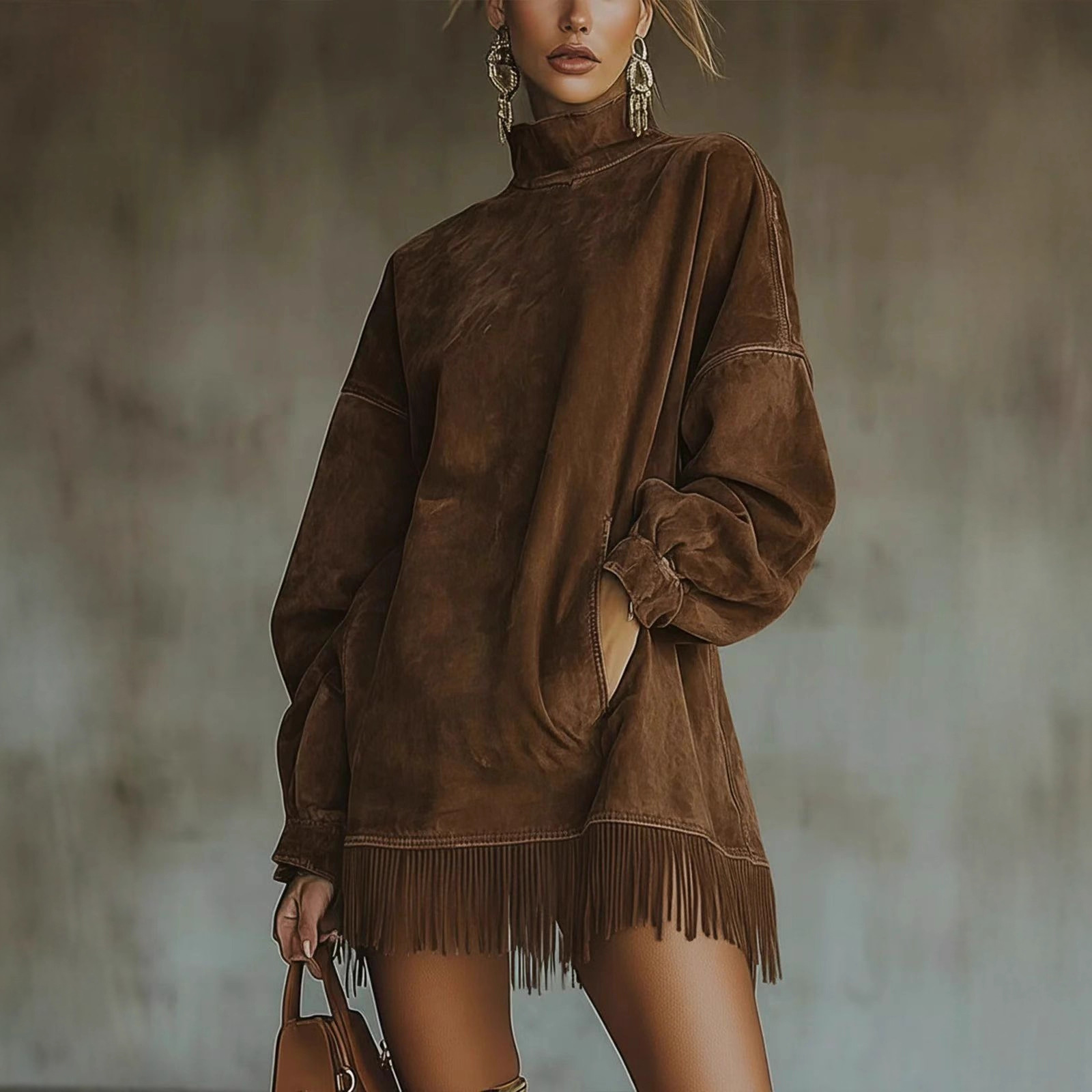 Women's Clothing High Neck Long Sleeve Tassel Detail Suede Dress Loose Fit With Pockets For Women For Formal & Casual For Women_ecoleips.com