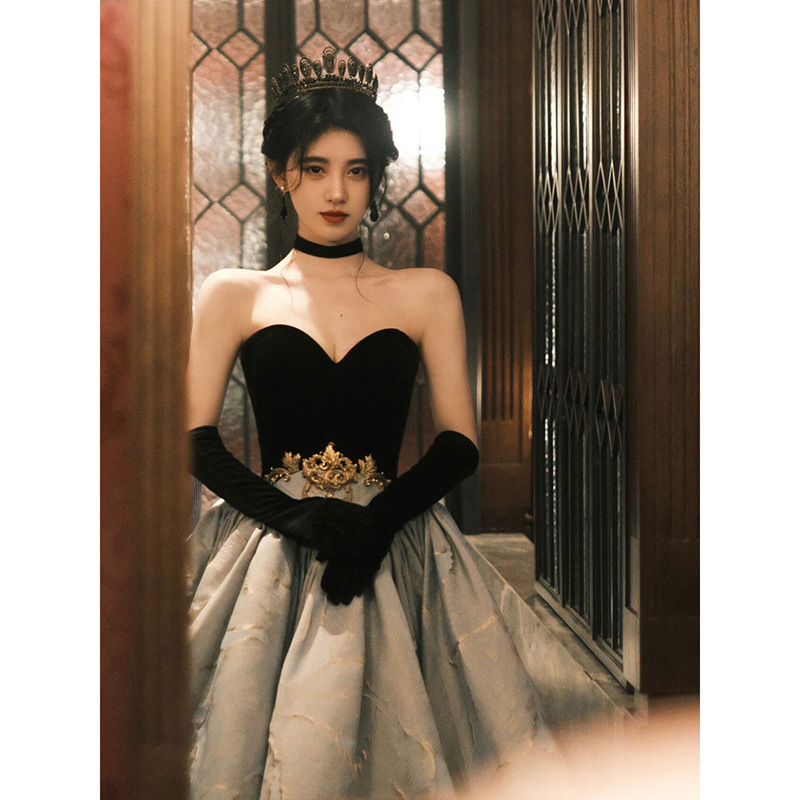 Jiuyi Ju's Same Style Evening Dress for Women, Black Graduation Adult Ceremony Hepburn-Style Toast Dress, Bride Engagement Large Skirt