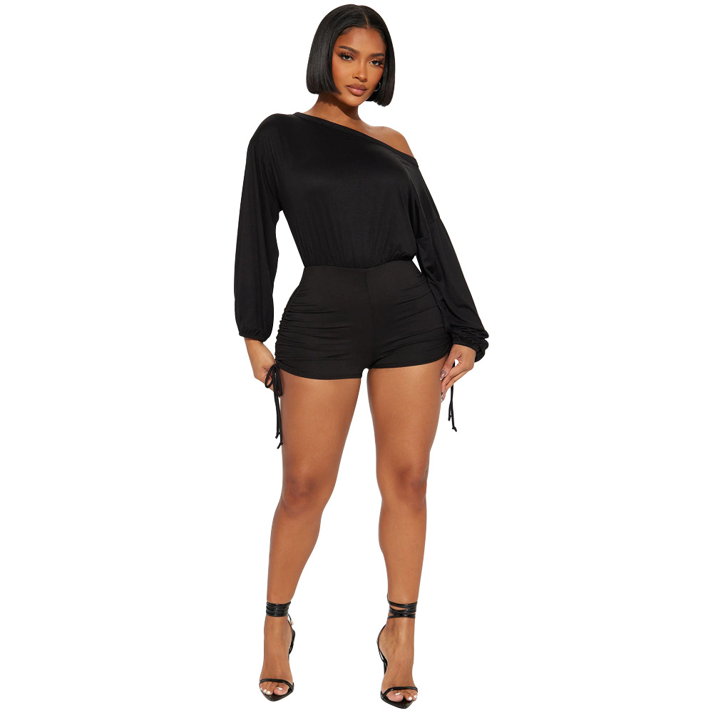 Women Wear Casual off Shoulder off Shoulder Long Sleeve Pleated Drawstring Fitted Waist Jumpsuit