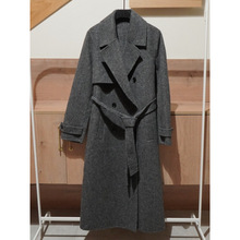原-欧美女装批发人字纹灰色气质羊毛呢腰带饰中长款宽松版大衣