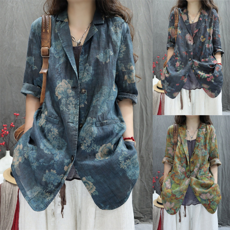 Cotton and Linen Women's Clothing 2026 Summer New Style Ramie Printed Retro Loose Stylish Casual Versatile Long-Sleeve Blazer