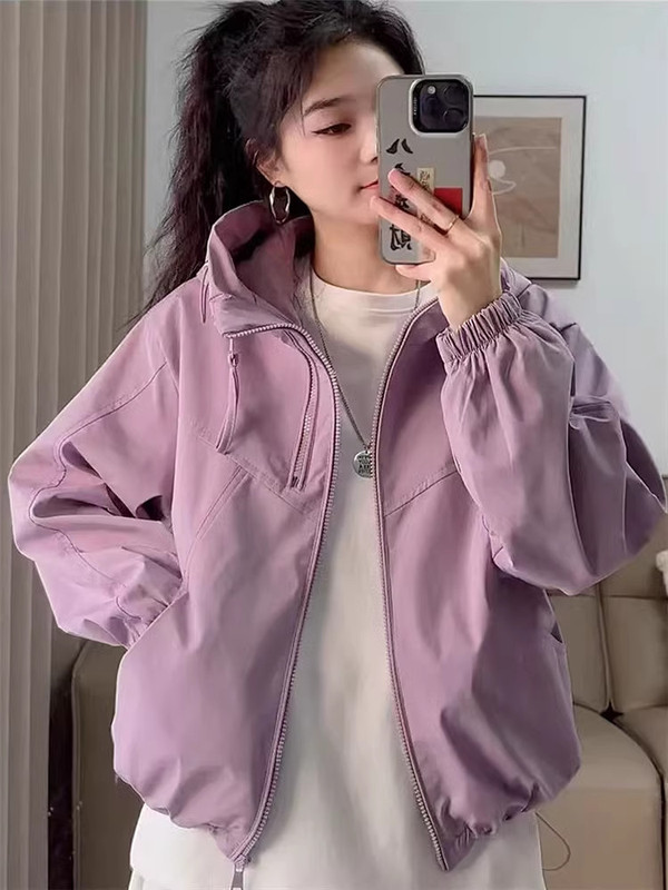 爆款蓝色双拉链冲锋衣外套女2025春秋新款小个子宽松休闲短款夹克|undefined