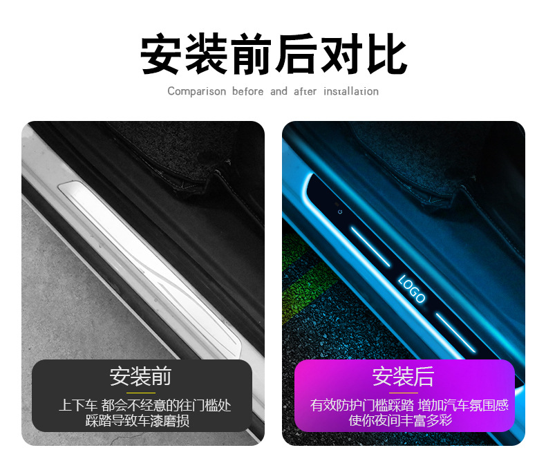 Car interior modified led magic color flow breathing with light threshold bar wiring-free car atmosphere light door welcome pedal