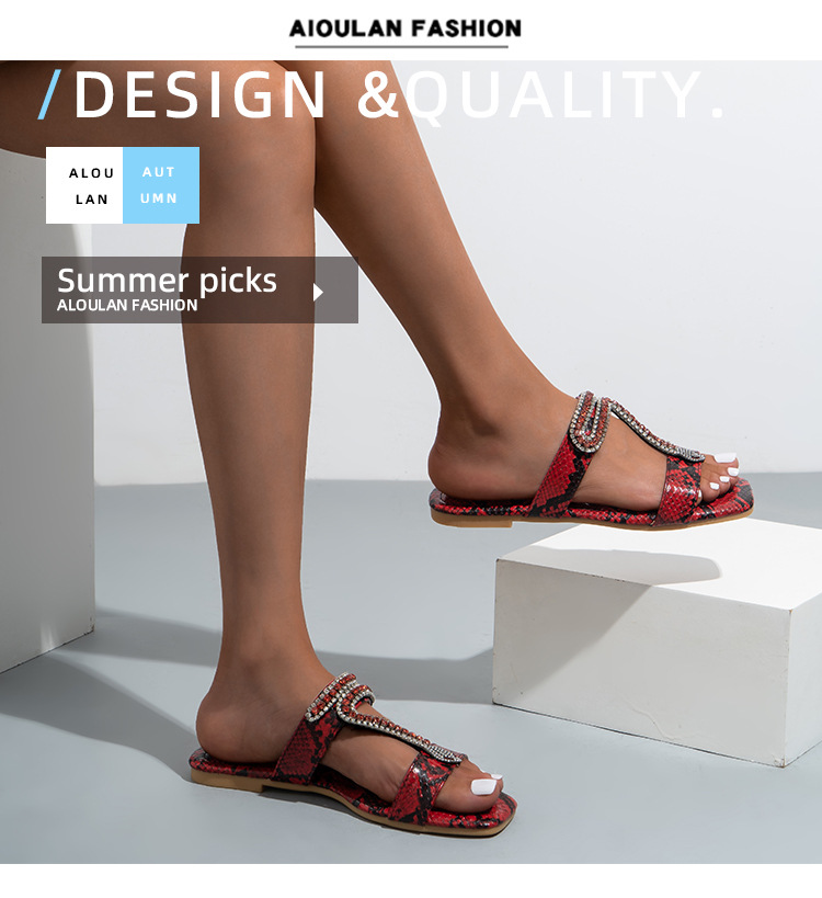 Sandale plate cu model de șarpe cu o singură linie și strasuri, sandale de damă, îmbrăcăminte exterioară, papuci casual cu goluri, pentru femei_voghion.com