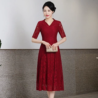 2023新款改良蕾丝旗袍中长款时尚复古旗袍连衣裙喜妈妈喜婆婆礼服