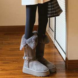小个子厚底灰色长筒雪地靴女2025冬新款增高加绒加厚保暖东北棉鞋