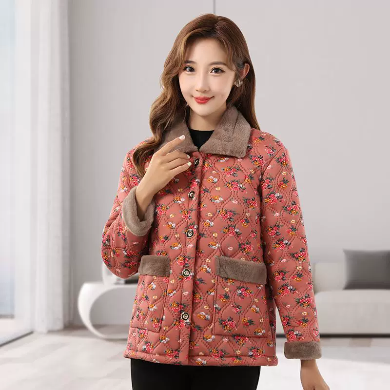 妈妈碎花棉衣2024春秋冬外套中老年人女装保暖加厚棉服翻领小棉袄