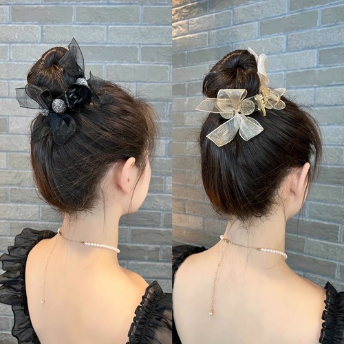 Mesh Ball Ponytail Butterfly Bow Hair Clip Large Chignon Butterfly Pearl Hair Clip Hair Accessory Wholesalers Handmade