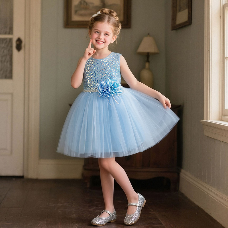 Children's birthday dress, girls' dress, multi-colored mesh princess dress, baby sleeveless sequined floral tulle skirt