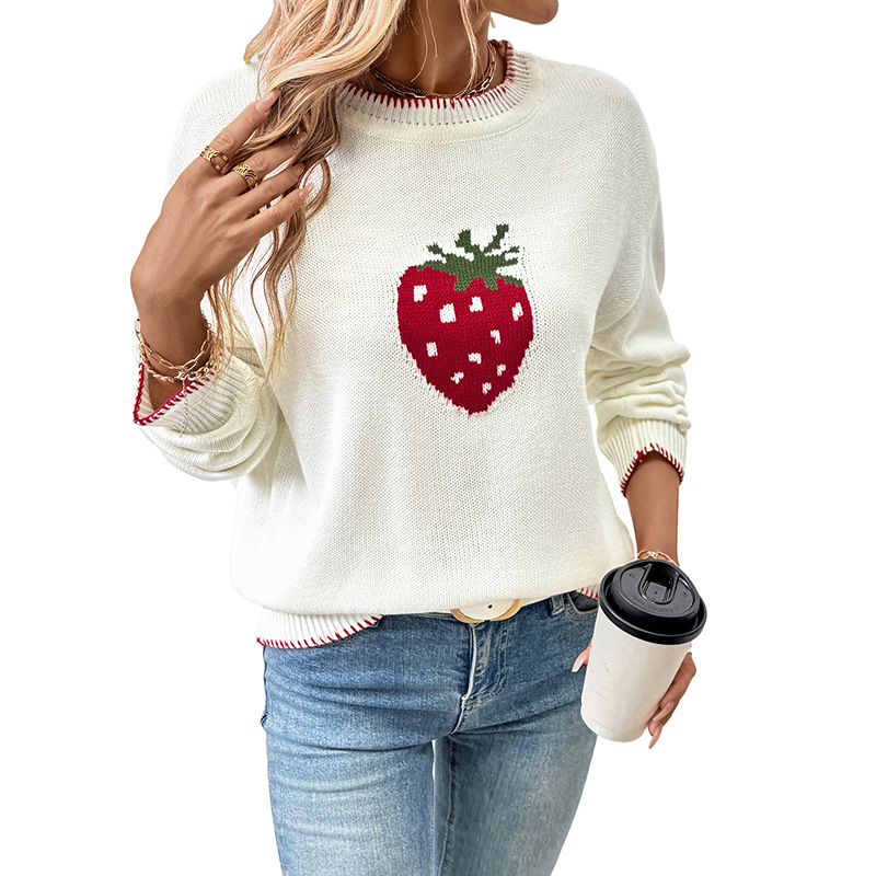 Women's Strawberry Jacquard Knit Sweater - Soft Acrylic Pullover With Loose Fit, Round Neck, Long Sleeves For Casual Comfort_voghion.com