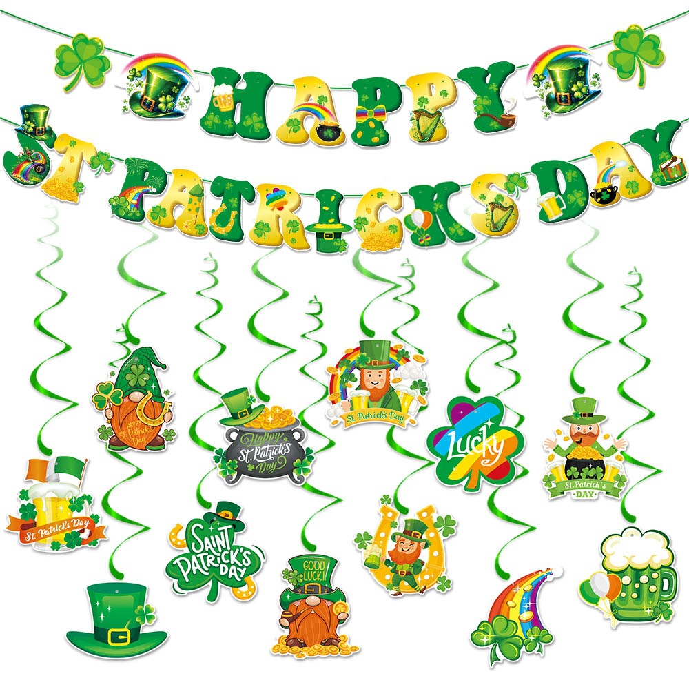 2025 transfronterizo día de San Patricio decoración bandera de trébol espiral fiesta irlandesa decoración tira bandera