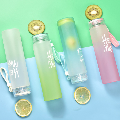 Korean version of couple's gradient frosted glass cup, colorful cup, portable rope water cup, male and female student couple cup