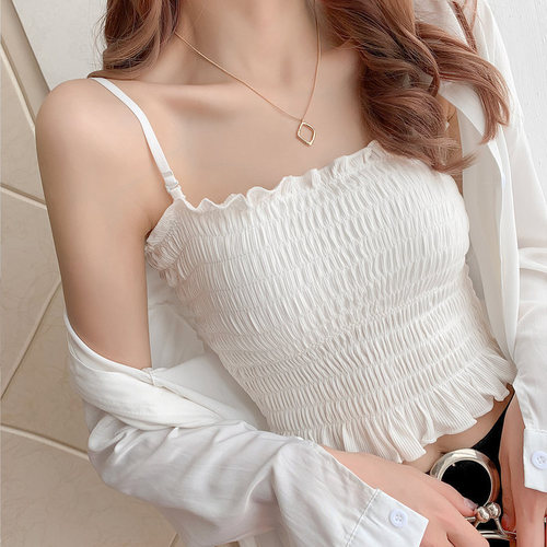 Beautiful back ice silk pleated suspender vest top with adjustable base and adjustable strap Korean version short style with chest pad wrapped underwear