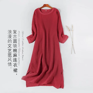 2021复古棉麻禅舞服苎麻圆领长袖连衣裙女宽松型禅服文艺长款袍子
