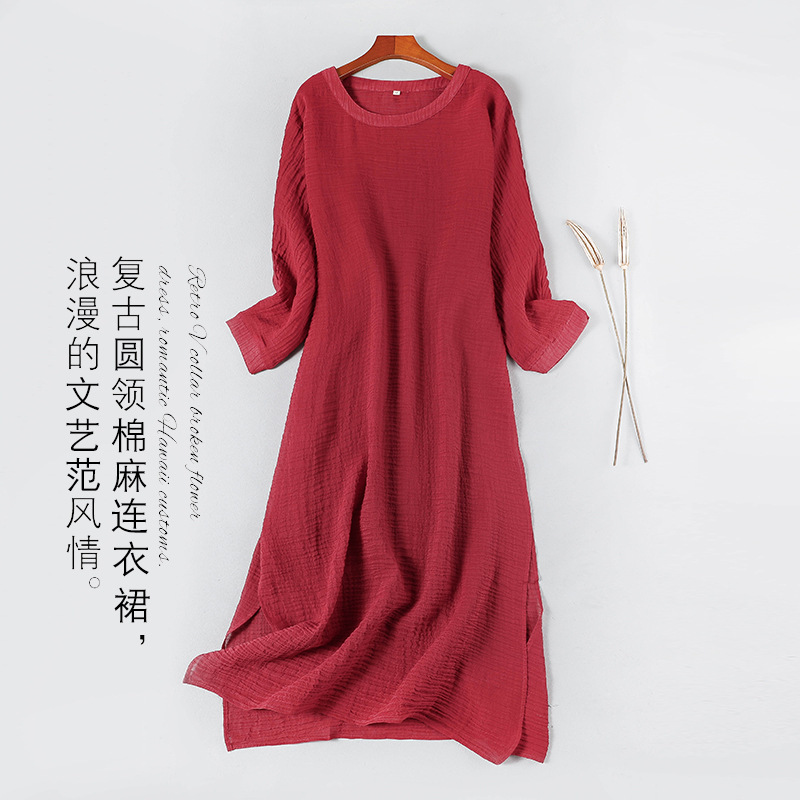 2021 Vintage Cotton and Linen Zen Dance Dress Ramie Crewneck Long-sleeved Dress Women's Loose Zen Dress Artistic Long Gown