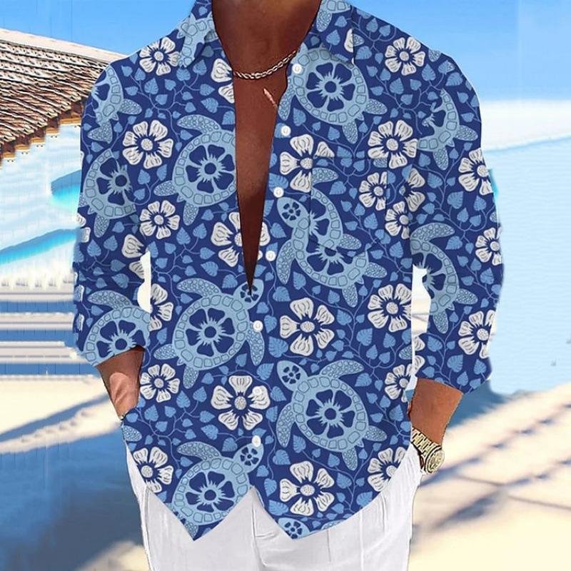 Cross-Border Hot-Selling Men's Long-Sleeved Shirt 3D Turtle Print Fashion Casual Cardigan Young and Middle-Aged Men's Clothing Source Factory