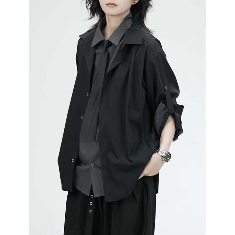 French-Style Hidden Button Design Faux Two-Piece Shirt for Men, High-End Loose Long-Sleeve Yamamoto Deconstructed Style Patchwork Shirt Trendy