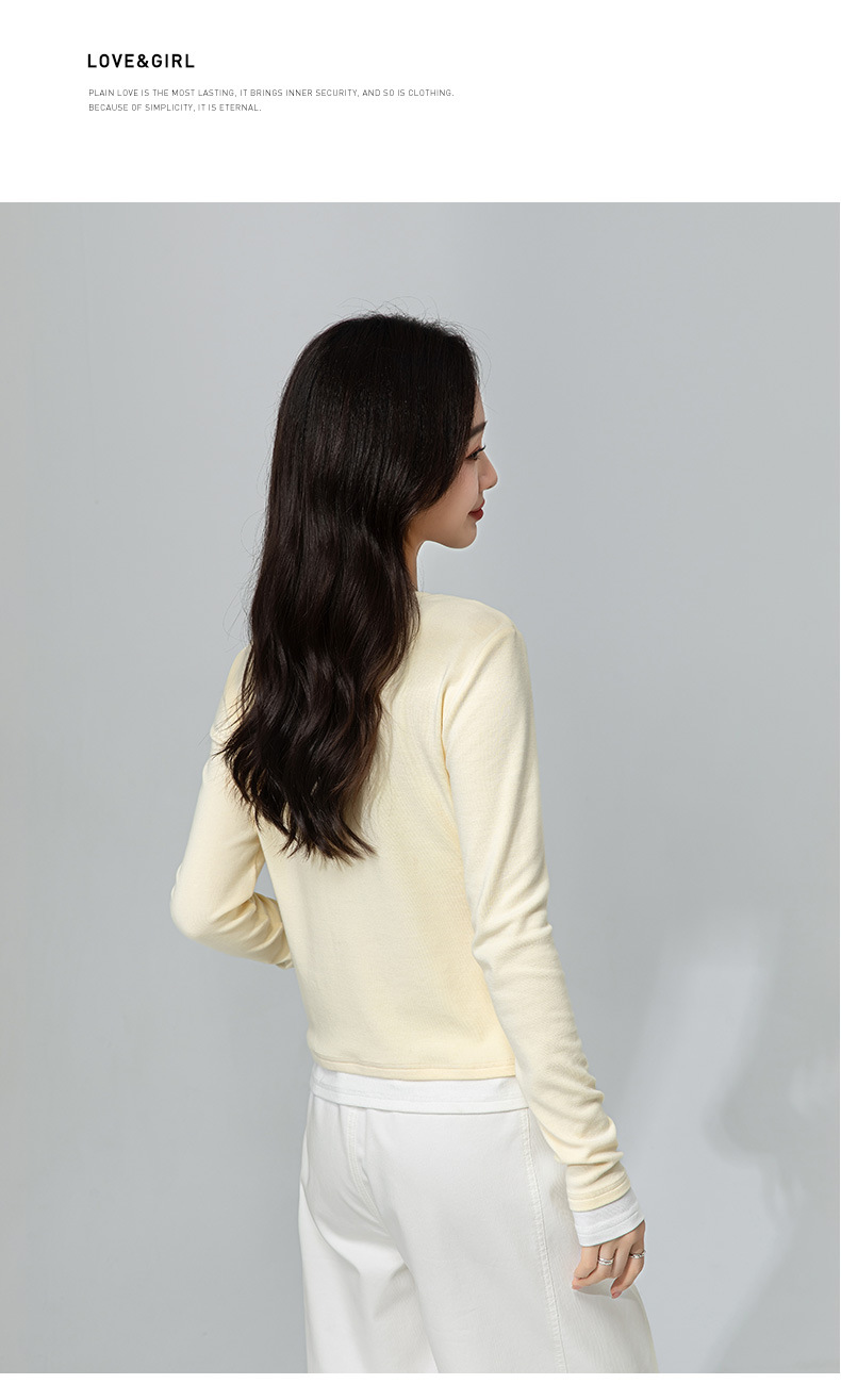 Áo cardigan cotton dệt kim cổ chữ V giả hai mảnh ngắn sành điệu — Màu vàng ngỗng chi tiết 19