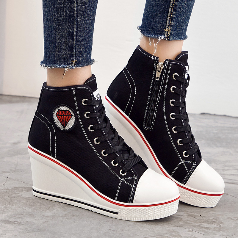 2025 New Wedge Casual Shoes Canvas Shoes Side Zipper High Heels Lace up High Top Shoes for Women 8cm Heightening Women's Shoes