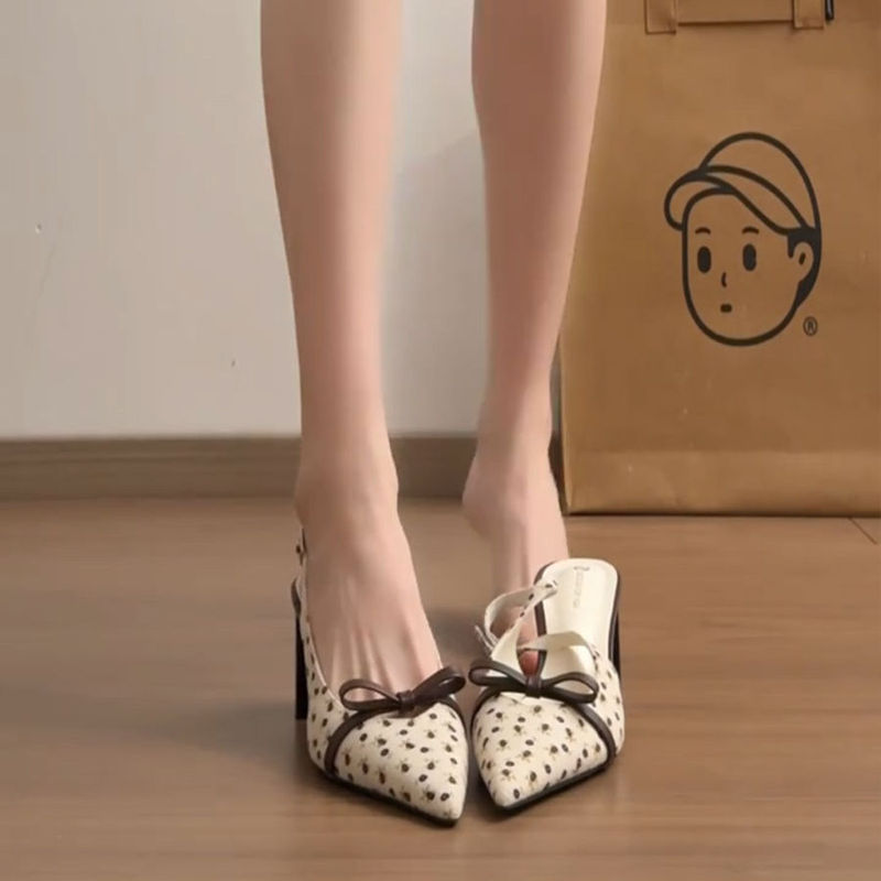 Gentle Style New Style Apricot-Colored Bow-Knot Polka-Dot Pointed-Toe Single Shoes for Women with Chunky Heels and Elegant Ladylike Closed-Toe High-Heeled Sandals