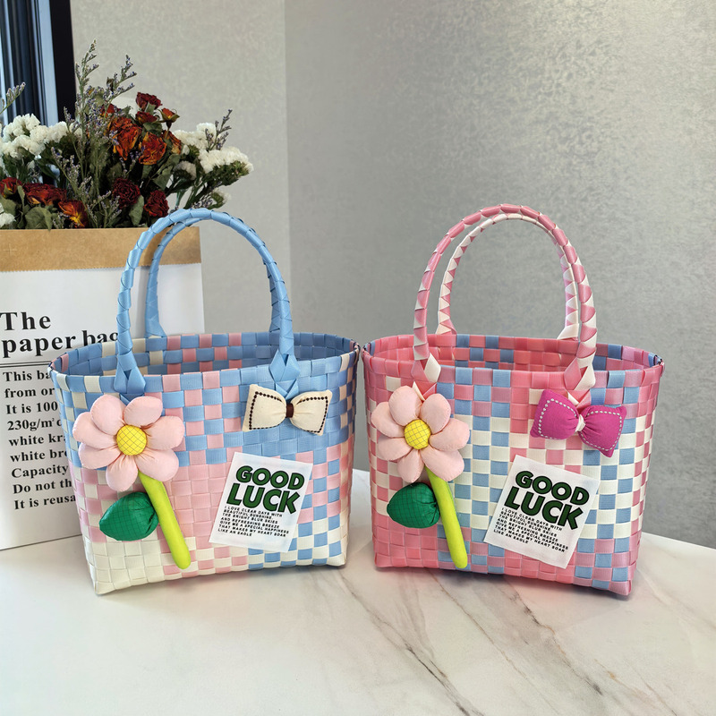 New Spring outing picnic bag portable plastic woven bag large capacity woven bag cute pink style fresh color matching check