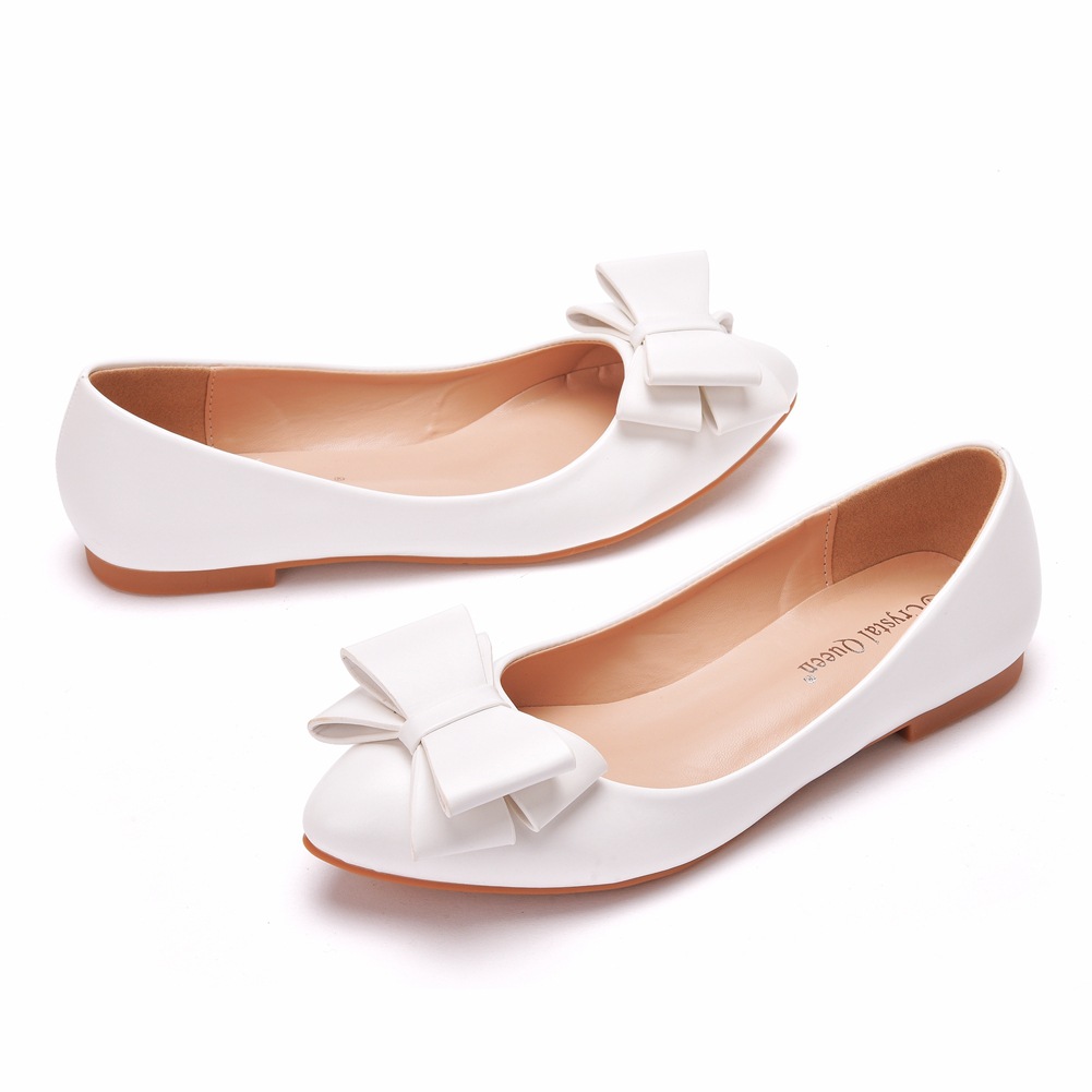 Fashion White Pointed Flat Shoes Women's Work Women's Shoes Bow Women's Shoes Large Size 41-43 Bridal Shoes Wedding Shoes