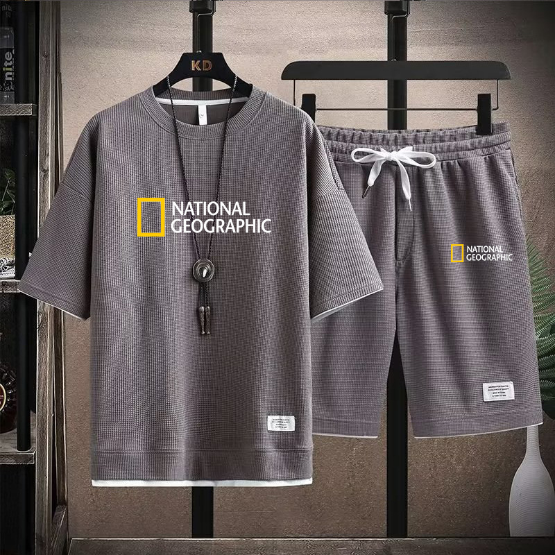 Dwuczęściowy zestaw męski T-shirt sportowy Waffle Short z krótkim rękawem i luźnym, krótkim rękawem, na lato_voghion.com