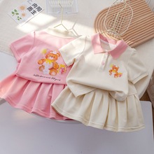女童甜美可爱小熊印花短袖POLO衫韩版洋气百褶裙宝宝夏季新款套装