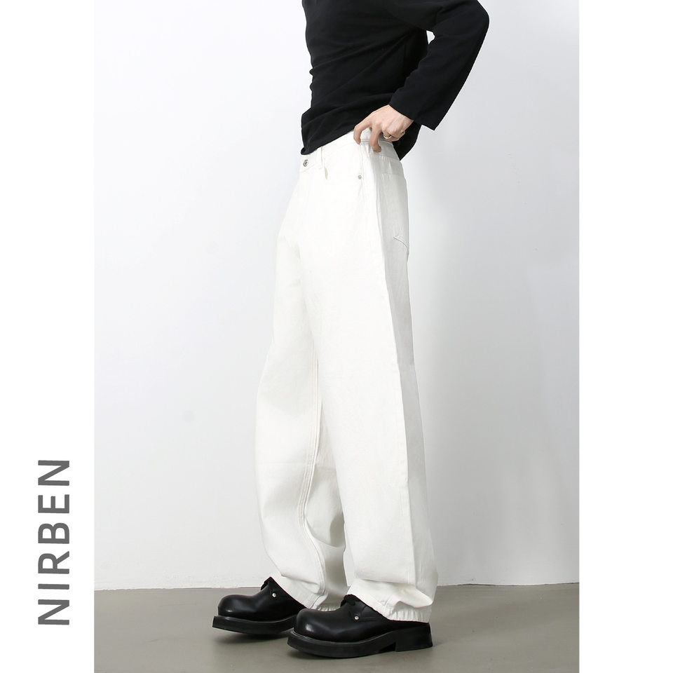 Quần jean nam ống rộng dáng suông cạp vừa phong cách đường phố — Denim đen, Làm cũ, Màu trắng, Màu xanh lam