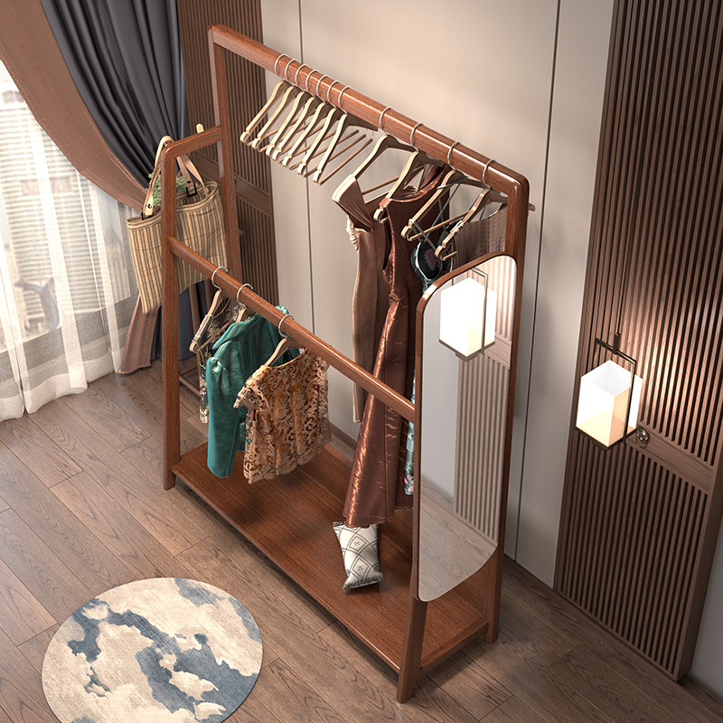 U8 Elevated Solid Wood Coat Rack with Integrated Mirror, Floor-Standing Bedroom Clothes Rack, Dressing Mirror, Full-Length Mirror, Clothes Storage