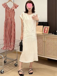 Hollow Tassel Fake Two-Piece Short-Sleeved Dress for Women Summer 2025 New Style Small Loose Straight Knee-Length Skirt