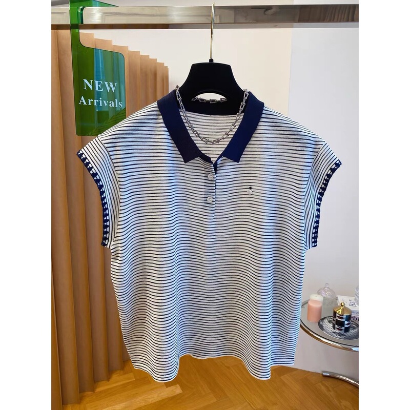 【胖妹妹】POLO领条纹小飞袖t恤女夏季高级感别致休闲百搭上衣服|undefined