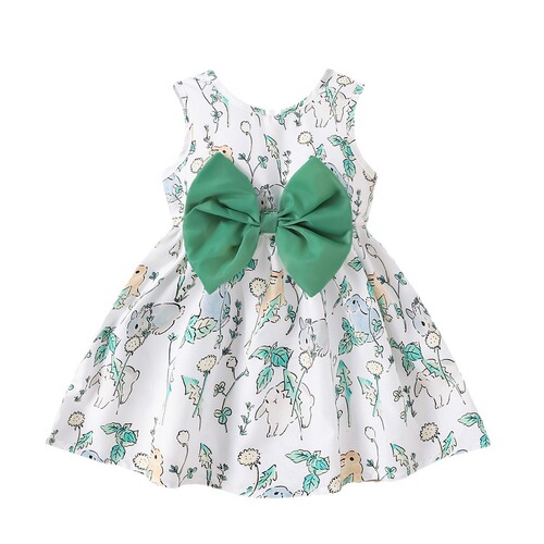 INS Summer Girls' Round Neck Sleeveless Printed Cute Bow Fashion Dress