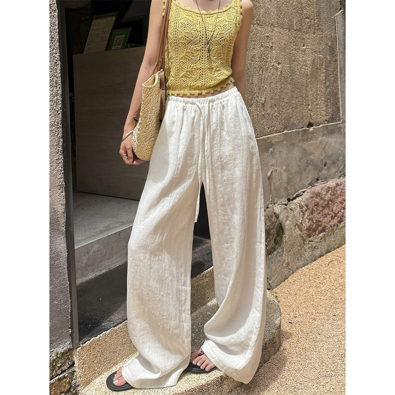 White Linen Pants for Women 2026 Summer Lightweight Loose Old Money Style Straight-Leg Breathable Casual Wide-Leg Pants