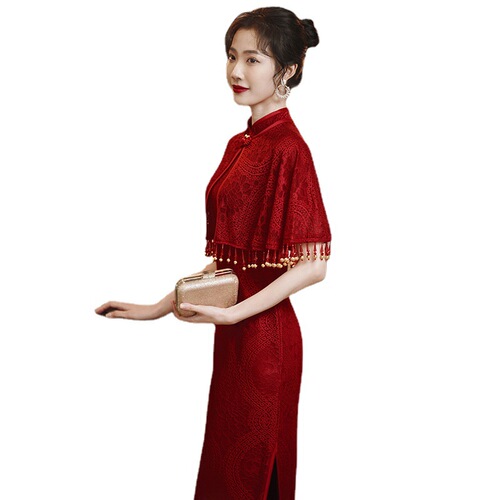 Red lace chinese dress oriental qipao Toast cheongsam red of Chinese style suit  bride wedding gown engagement dress female 